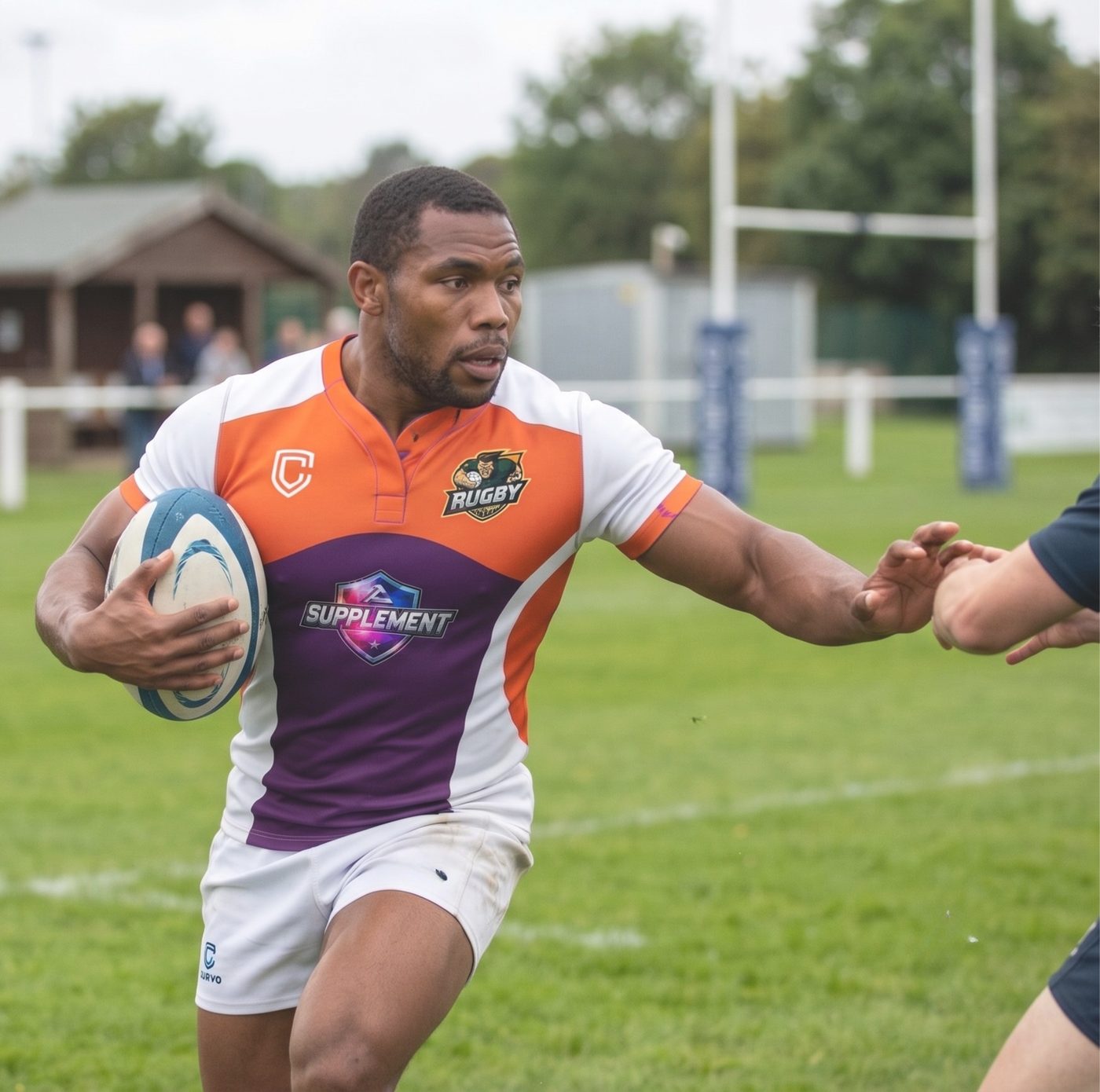 Same Curvo rugby jersey recoloured in orange and purple with club crest and sponsor logo added